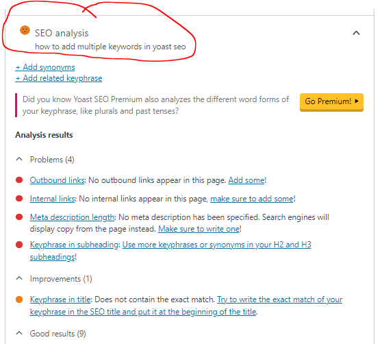 SEO analysis in Yoast SEO plugin