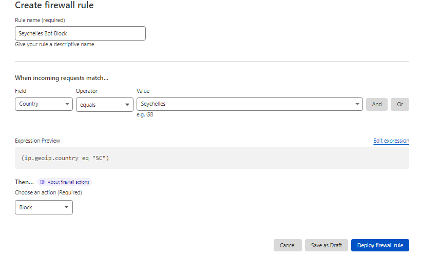 Create Firewall rule on Cloudflare to block bot traffic from Czechia and Seychelles.