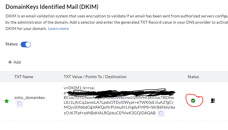 DKIM config success on Zoho mail