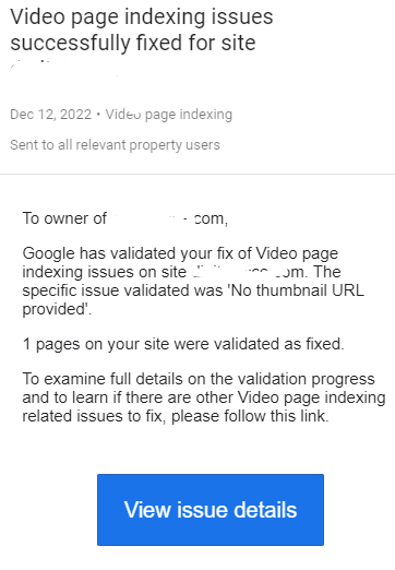 Video page indexing fixed on Google Search Console