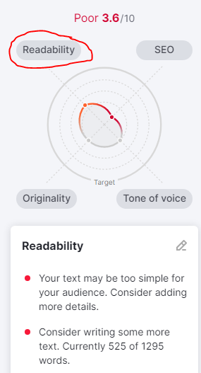 Readability on SEO writing assistant