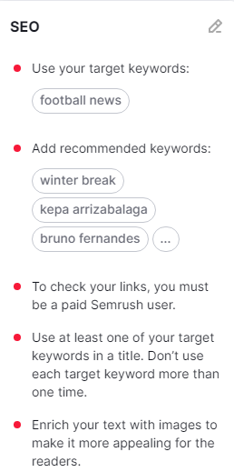 Keyword recommendation on SEMrush writing tool.