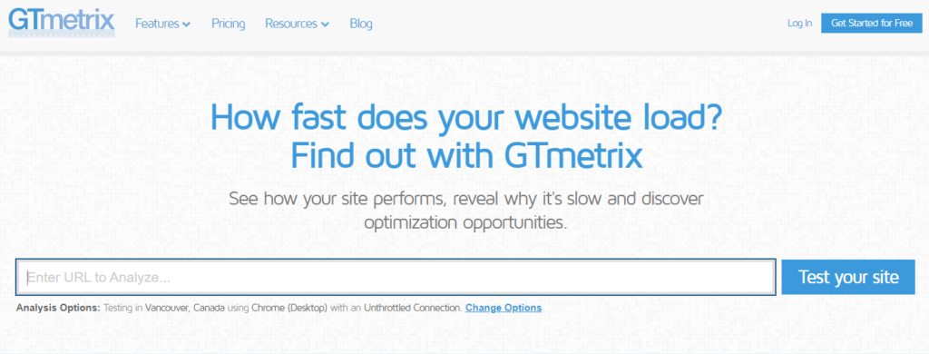 GTmetrix homepage