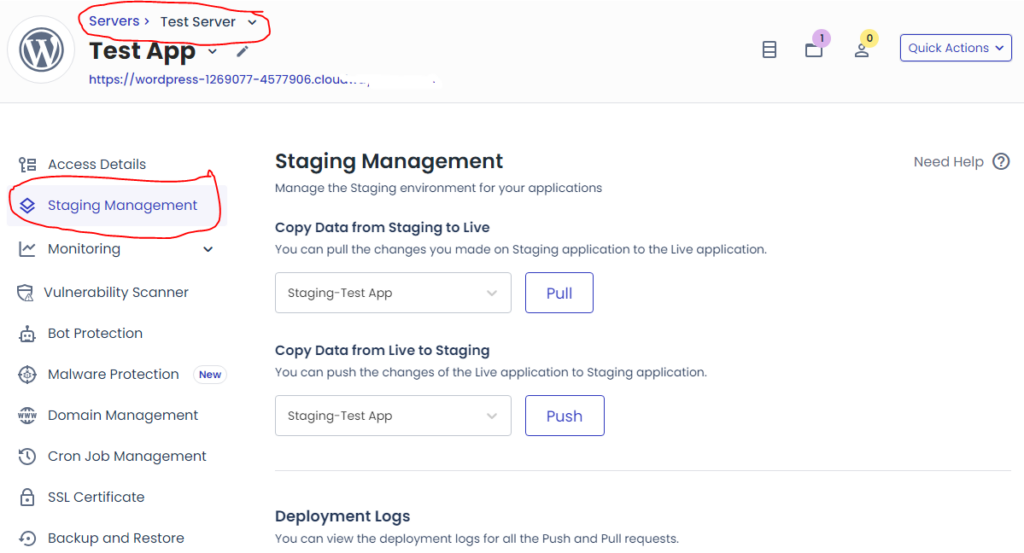 Staging management on CloudWays